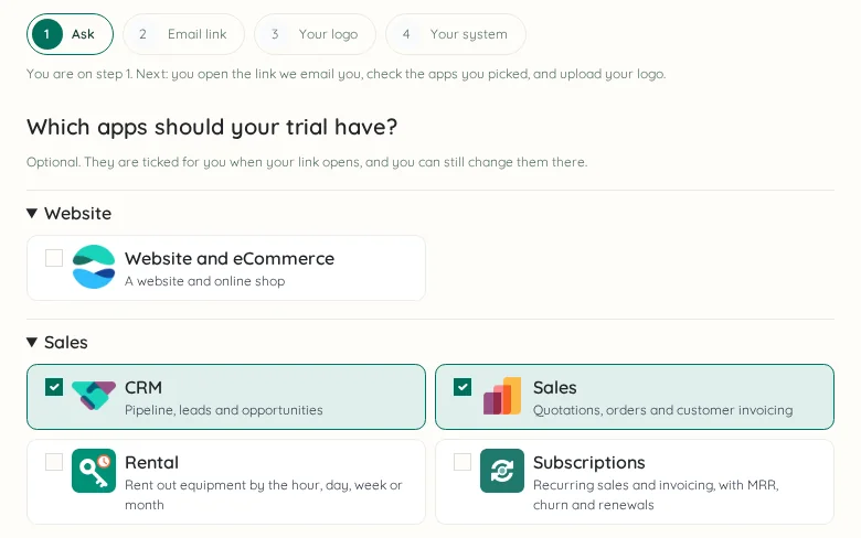 The free trial form with apps ticked and the details beside them