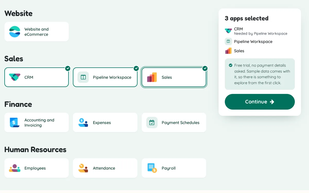 The trial app picker with apps by category